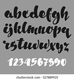 Brush pen style vector alphabet calligraphy low case letters and figures. For expressive brush retro style lettering design.