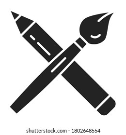 Brush and pencil black glyph icon. School supplies. Stationery tools. Isolated vector element