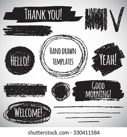 Brush or pencil drawn graphic elements collection - strokes, stripes, frames, rectangle, oval and round shapes, heart, tick. Brush strokes with rough edges and lettering - thank you, welcome etc. 