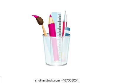Brush, pencil, paint brush in pen stand vector illustration