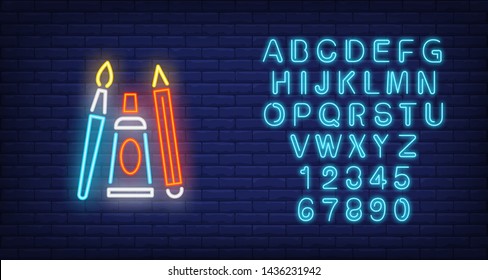 Brush, Pencil And Paint Tube Neon Sign. Painting And Art Supplies Design. Night Bright Neon Sign, Colorful Billboard, Light Banner. Vector Illustration In Neon Style.