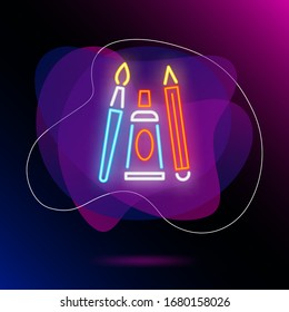 Brush, pencil and paint tube neon sign. Painting and art supplies design. Night bright neon sign, colorful billboard, light banner. Vector illustration in neon style.