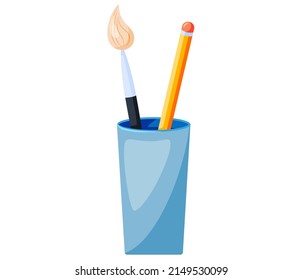 Brush and pencil stationery in glass holder isolated on white. Artistic paint and pencil. Children creativity. Painting drawing and coloring. Education design elements. back to school concept