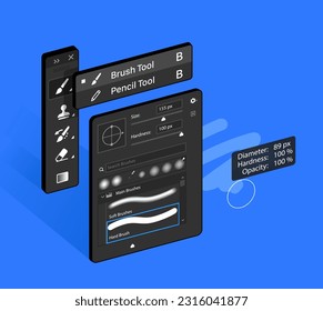 Brush and Pencil Tool in raster graphic editor. Isometric vector illustration.