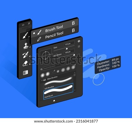 Brush and Pencil Tool in raster graphic editor. Isometric vector illustration.