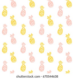 Brush Pineapple Seamless Pattern. Vector Illustration of Hand Drawn Paint Fruit Background.