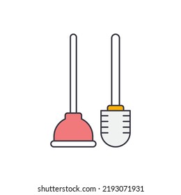 Brush and plunger toilet icon in color, isolated on white background 