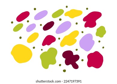 Brush polka dot set. Color hand-drawn abstract stain isolated on white background. Bright cozy ornament. Various points, drop, spots collection. Design element. Vector minimalistic illustration