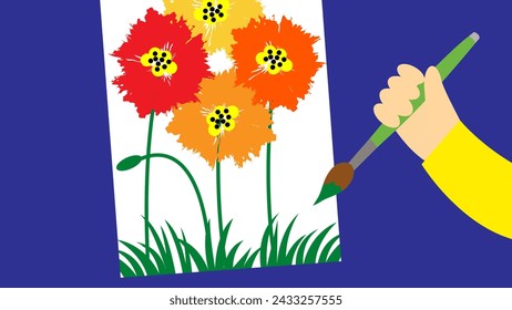Cepillo y amapolas sobre un fondo azul.