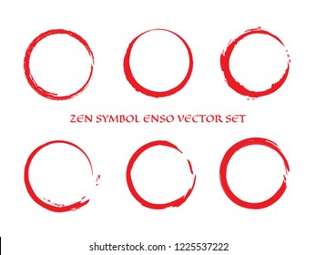 Brush Red Circles Vector Set. Stroke Grunge Hand Paint Round Shapes Collection. Zen Symbolic Circles Enso Set.