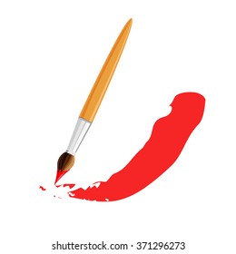 Brush with red paint. Isolated on white background.