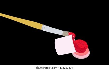The brush in the red paint and an open tin of paint on black background