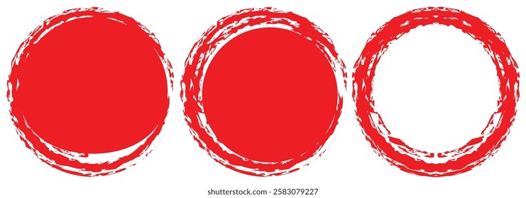 Brush red stroke circle frame, hand drawn rough scribble texture  elements. Grunge circle frame. Faded circular red stamp frame. Red grunge circle on white background