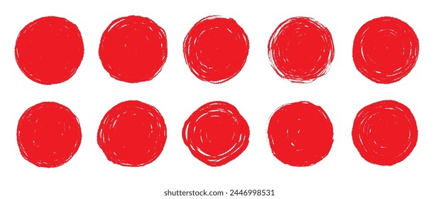 Brush red stroke circle japan sun frame. Hand drawn rough scribble texture effect red circle. Grunge crayon japanese flag stamp. Pencil, marker stroke paint. Vector illustration