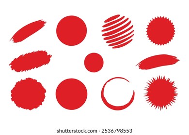 Brush red stroke circle japan sun frame. Hand drawn rough scribble texture effect red circle flat vector illustration set on white background.