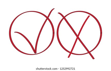 Brush red stroke tick and cross signs in circle boxes. Negative and positive check marks set. New Voting icons template. New check marks collection for exam, test, quiz, poll. Yes and no symbols