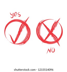 Brush red X and tick check marks, approval signs design. Stroke X and green symbol icons in round check boxes. New check list grunge marks, choice options, test, quiz or survey signs.