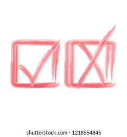 Brush red X and tick check marks, approval signs design. Stroke X and OK symbol icons in square check boxes. New check list grunge marks, choice options, test, quiz or survey signs.