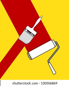 Brush and roller applying color - illustration