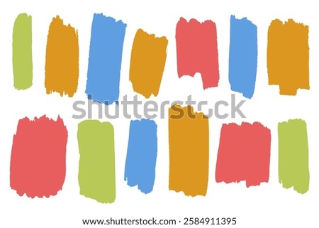 Brush, roller, marker strokes in vertical direction. Hand drawn vector set with jagged edges as template for text, highlight, strikethrough, marking, background, design. Multicolored paint spots.