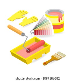 Brush, roller, palette, gloves. Isometric construction tools isolated on a white background. Colorful flat illustration. Vector set of hand tools for home renovation. Instruments for repair.