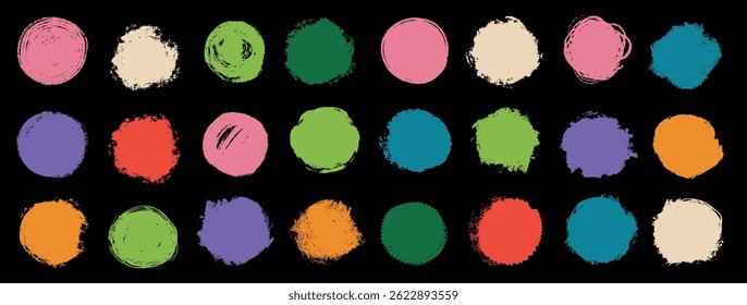Brush round ink chalk circle blots set. Retro vintage  hand drawn stain marks collection. Oval grunge doodle sketches.