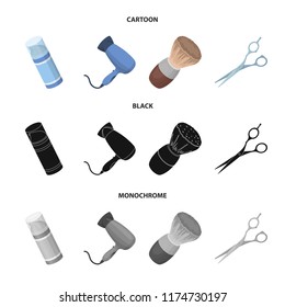 Brush, scissors, electric hair dryer and other equipment for men's hairdressing salon.Barbershop set collection icons in cartoon,black,monochrome style vector symbol stock illustration web.