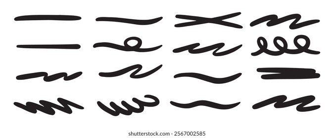 brush scribble underline. Marker pen line highlight swoosh stroke. Vector underline set. Vector illustration