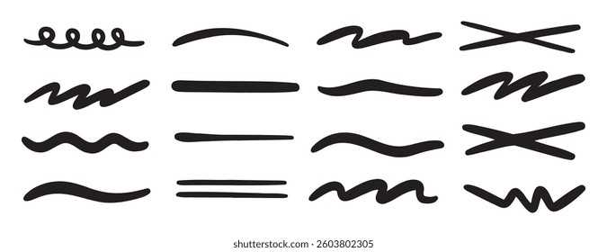brush scribble underline. Marker pen line highlight swoosh stroke. Vector underline set. Vector illustration