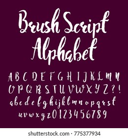 Brush script alphabet font. Hand drawn uppercase and lowercase letters and numbers. Stock vector typeset for your headers or any typography design.