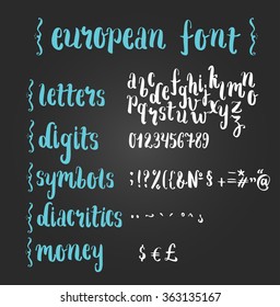 Brush script font with letters, digits, special signs and money symbols. contains diacritics for european languages.