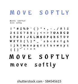 Brush script with lowercase and uppercase letters, keystrokes and digits. Full alphabet handwritten with brush pen. Vector calligraphic English ABC.