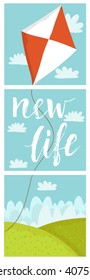 Brush Script Style Hand lettering.  Card with kite. Cute long cartoon vector illustration