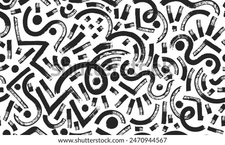 Brush seamless pattern. Black curved lines, abstract ornament elements. Grunge swirls and shapes. Repeated background with hand drawn scribbles and daubs. Doodles vector print