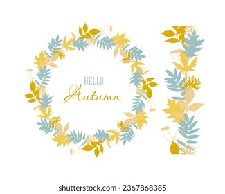 Brush seamless pattern with leaves and wreath of autumn leaves with Hello Autumn, isolated, on white background. Vector illustration