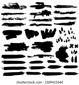 Brush set. Different types of brush strokes. Isolated design elements. Vector illustration. Ink painting.