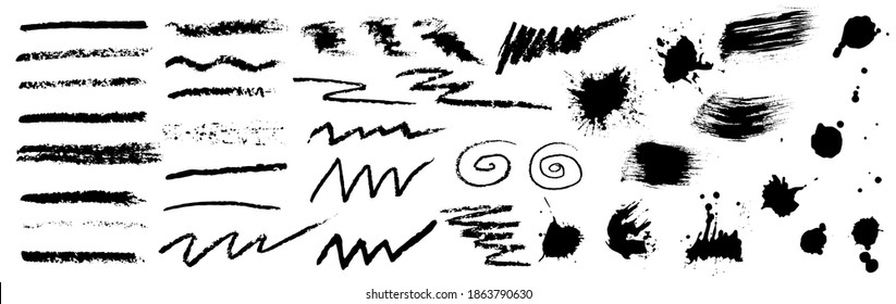 Juego de pinceles, línea de pinza de lápiz y tiza, garabato, salpicaduras de pintura, gotas de tinta y manchas. Ilustración del vector