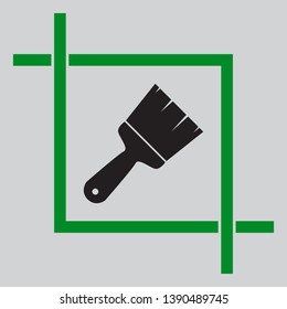 Brush sign illustration. Black icon inside green crop tool at light gray background