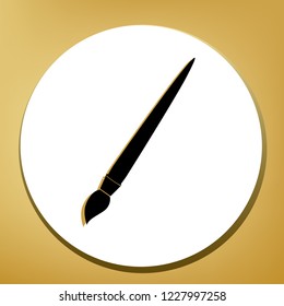 Brush sign illustration. Vector. Black icon with light brown shadow in white circle with shaped ring at golden background.