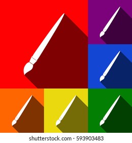 Brush sign illustration. Vector. Set of icons with flat shadows at red, orange, yellow, green, blue and violet background.