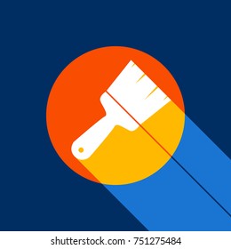 Brush sign illustration. Vector. White icon on tangelo circle with infinite shadow of light at cool black background. Selective yellow and bright navy blue are produced.