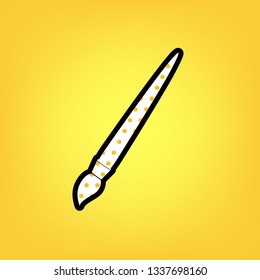 Brush sign illustration. Vector. Yellow polka dot white icon with black contour at warm yellow background.