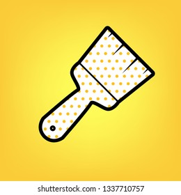 Brush sign illustration. Vector. Yellow polka dot white icon with black contour at warm yellow background.