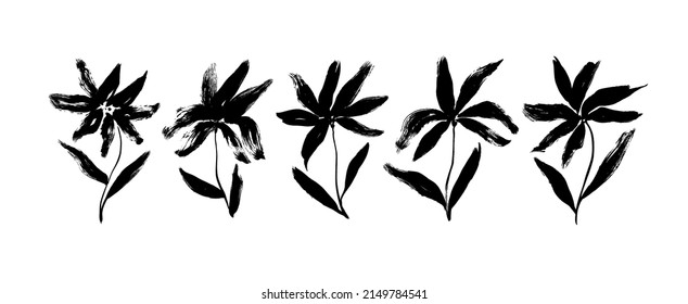 Brush silhouettes of lily flowers isolated on white. Grunge style ink painted floral elements for graphic design. Lily flowers with stems and leaves painted by ink. Monochrome botanical illustration