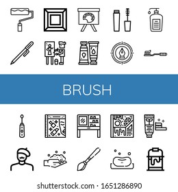 brush simple icons set. Contains such icons as Paint roller, Pen, Art, Painter, Painting palette, Paint tube, Mascara, Liquid soap, Tooth Brush, can be used for web, mobile and logo