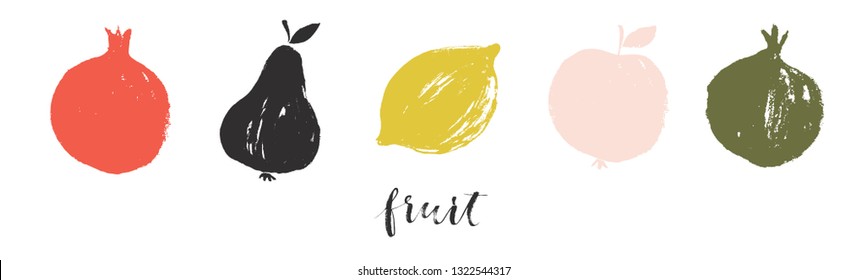 Brush simple stamp hand drawn textured fruits collection. Food, lemon, pomegranate, apple, 