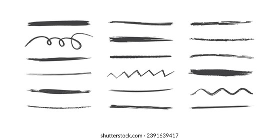 Brush sketch line, charcoal scribble, chalk drawn, pencil stroke mark, crayon and pen marker, graffiti paint doodle vector set, grunge effect. Drawing kids ink illustration