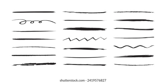 Brush sketch line, charcoal scribble, chalk drawn underline, pencil stroke mark, crayon and pen marker, graffiti paint doodle vector set, grunge effect. Drawing kids ink illustration