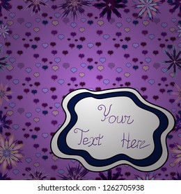 Brush sketched lettering. Pictures on violet, white and purple colors. Vector illustration. Seamless pattern.