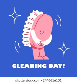 The brush is smiling. Funny cute character. Cleaning day sticker.